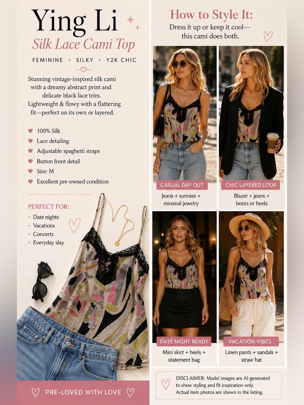 Ying Li 100% Silk Lace Cami M Y2K Abstract Print Camisole